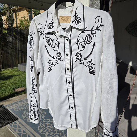 SCULLY WOMEN'S ROSE EMBROIDERED White/Black WESTERN SHIRT M - Picture 2 of 11